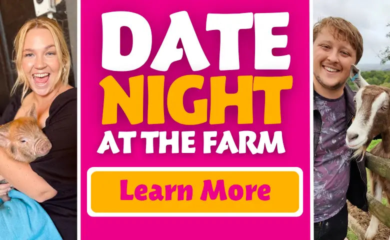 a woman holding a piglet and a man smiling beside a goat, promoting a date night event at a farm