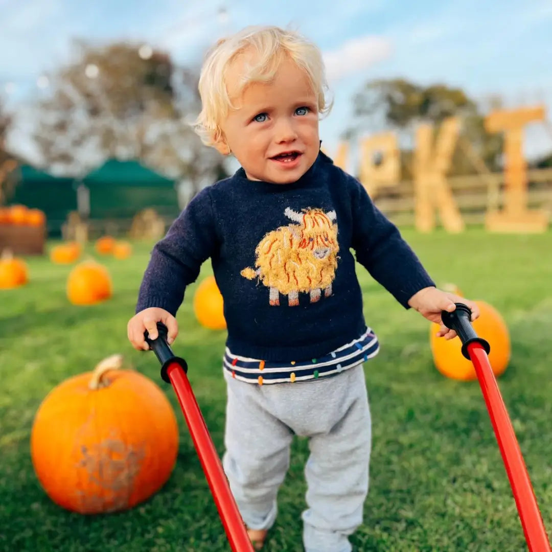 young child with curly blonde hair in a navy sweater and grey trousers, holding red sticks near pumpkins in a field