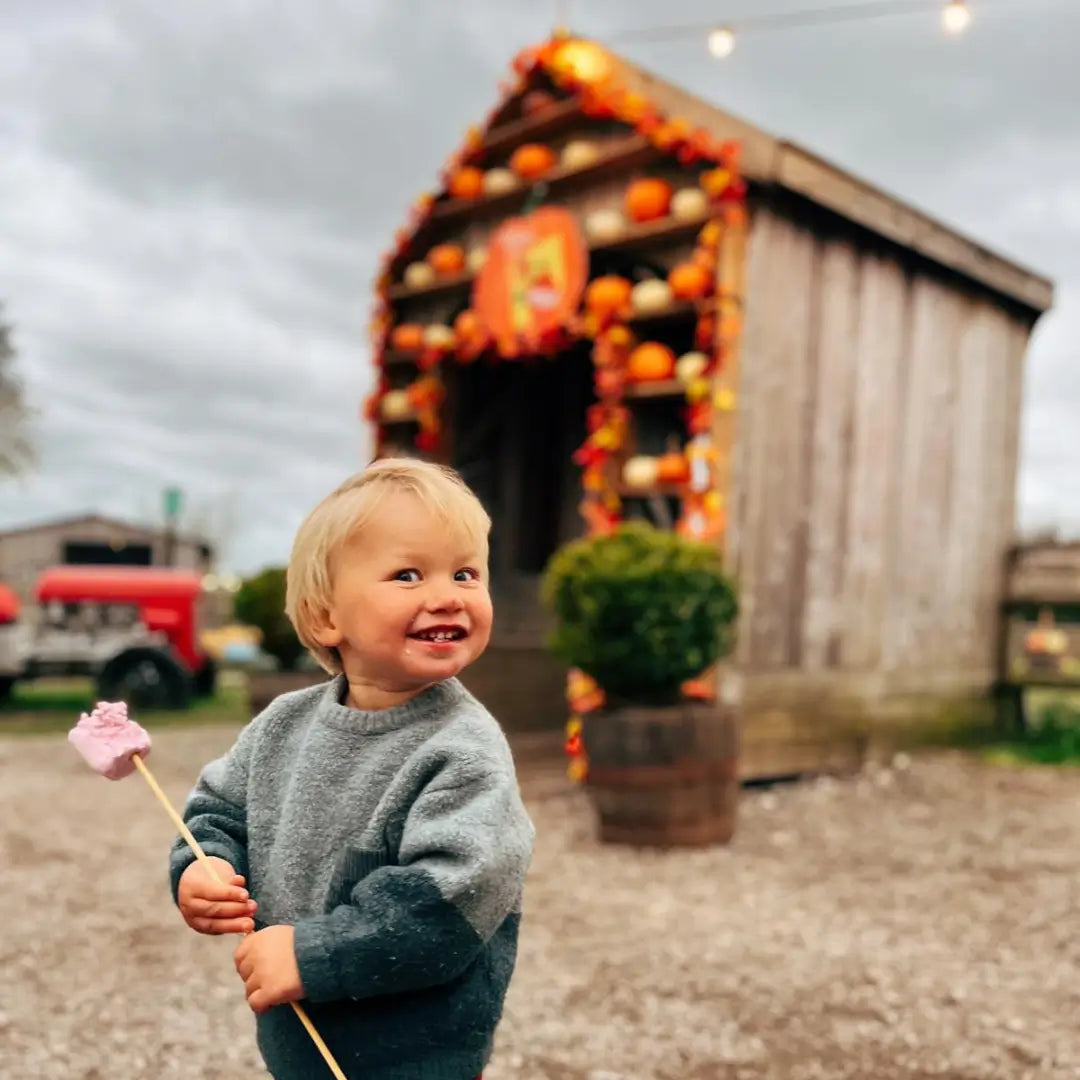 A smiling toddler holds a pink treat on a stick in front of a decorated wooden shed with pumpkins and autumn leaves.