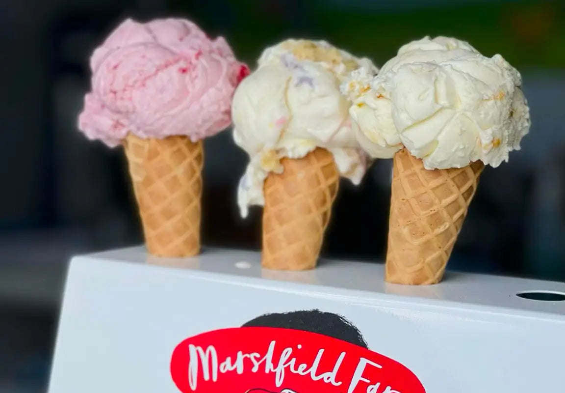 three ice cream cones with pink, white, and yellow flavours on a display counter