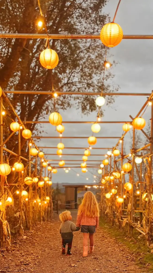 two children walking hand in hand down a lantern-lit path at dusk, surrounded by autumn decorations