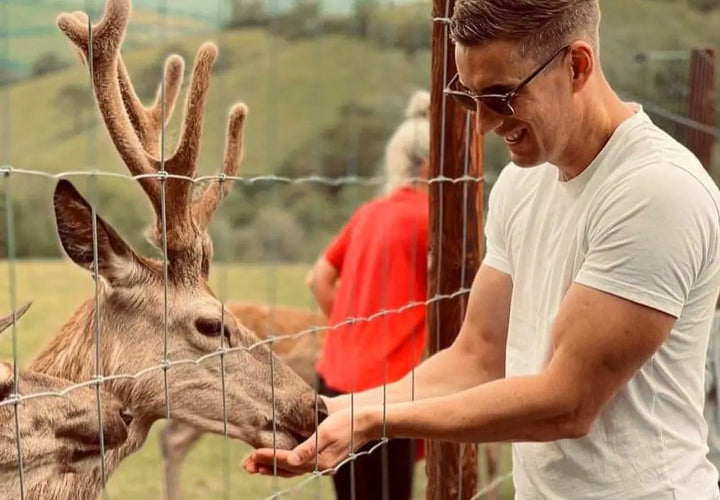 a man in a white t-shirt feeding a deer through a fence, with another person in the background