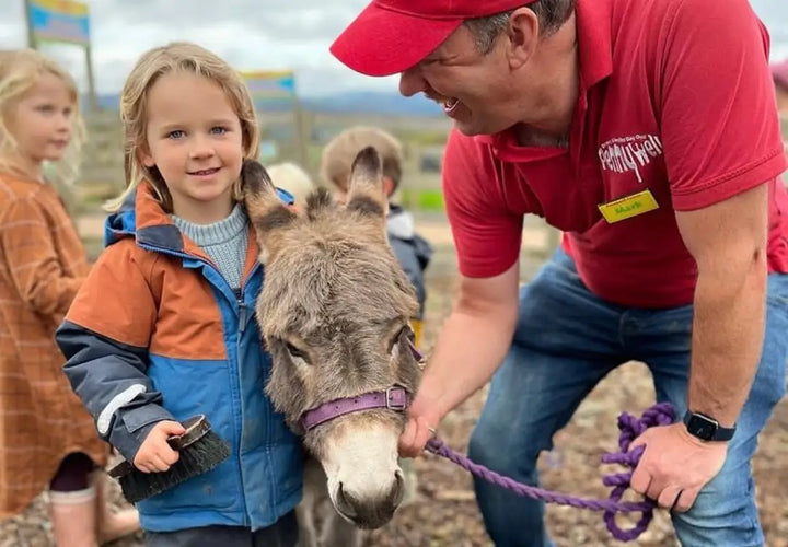 A child smiles while holding a brush next to a donkey, as a man in a red shirt interacts with them.