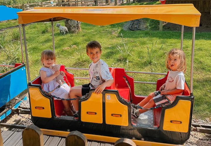 three children sitting in a yellow and red ride, smiling and holding toys, with green grass and sheep in the background
