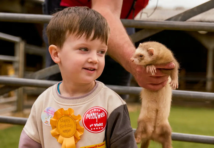 A young boy smiles at a person holding a ferret, with birthday badges on his clothing.