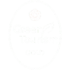 Green Tourism logo with green leaf and circular design on white background