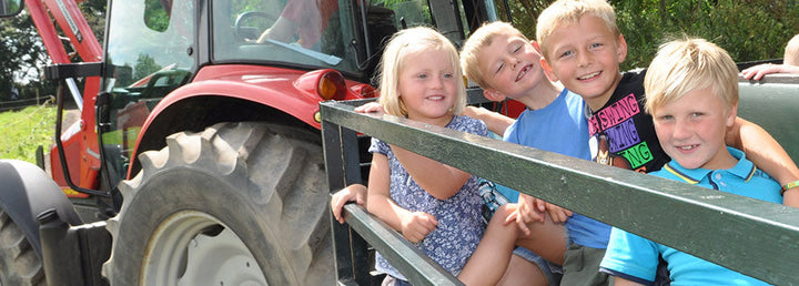 Four children smiling and sitting in a green metal trailer attached to a red tractor